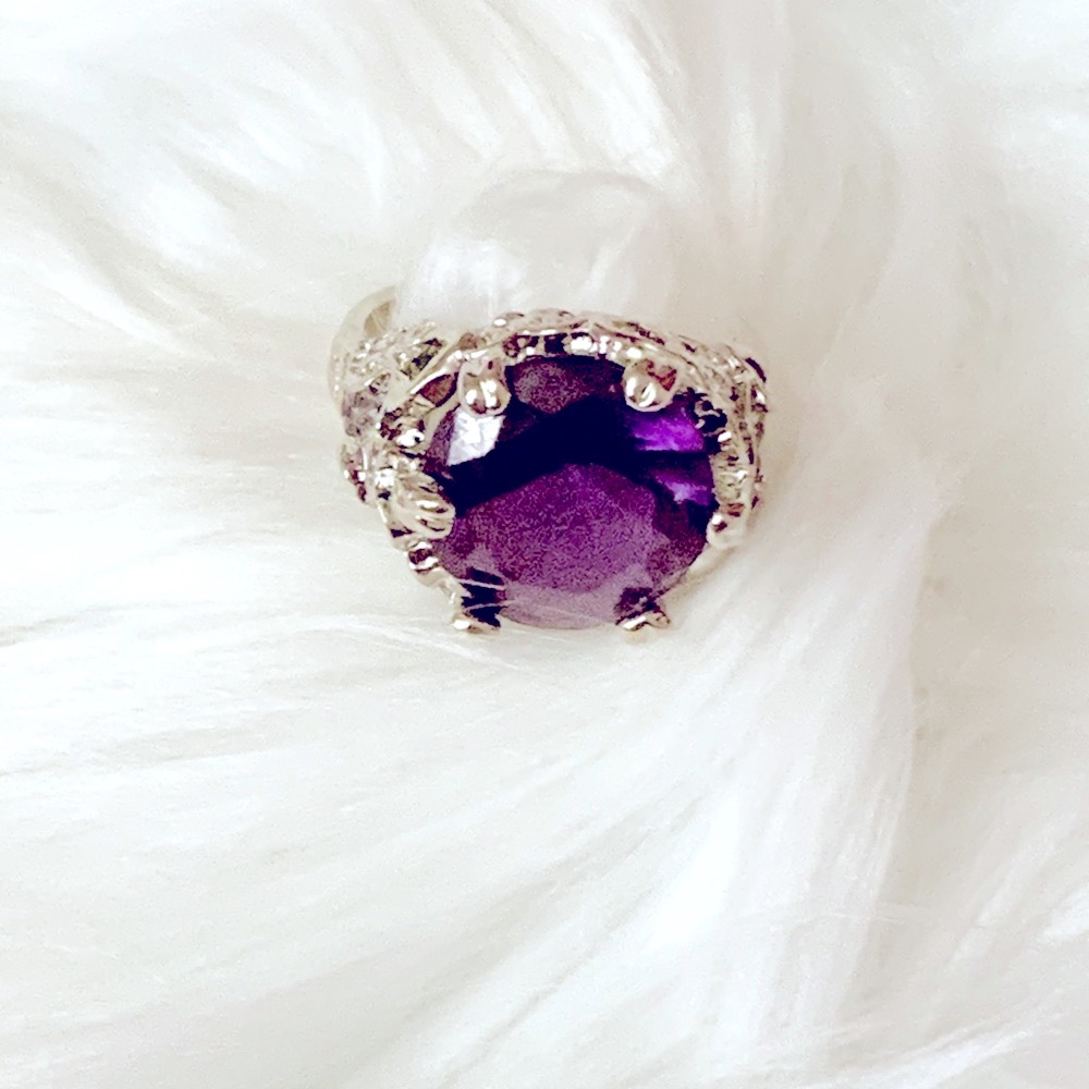 Simulated Amethyst Hearts Silver Ring - image 1